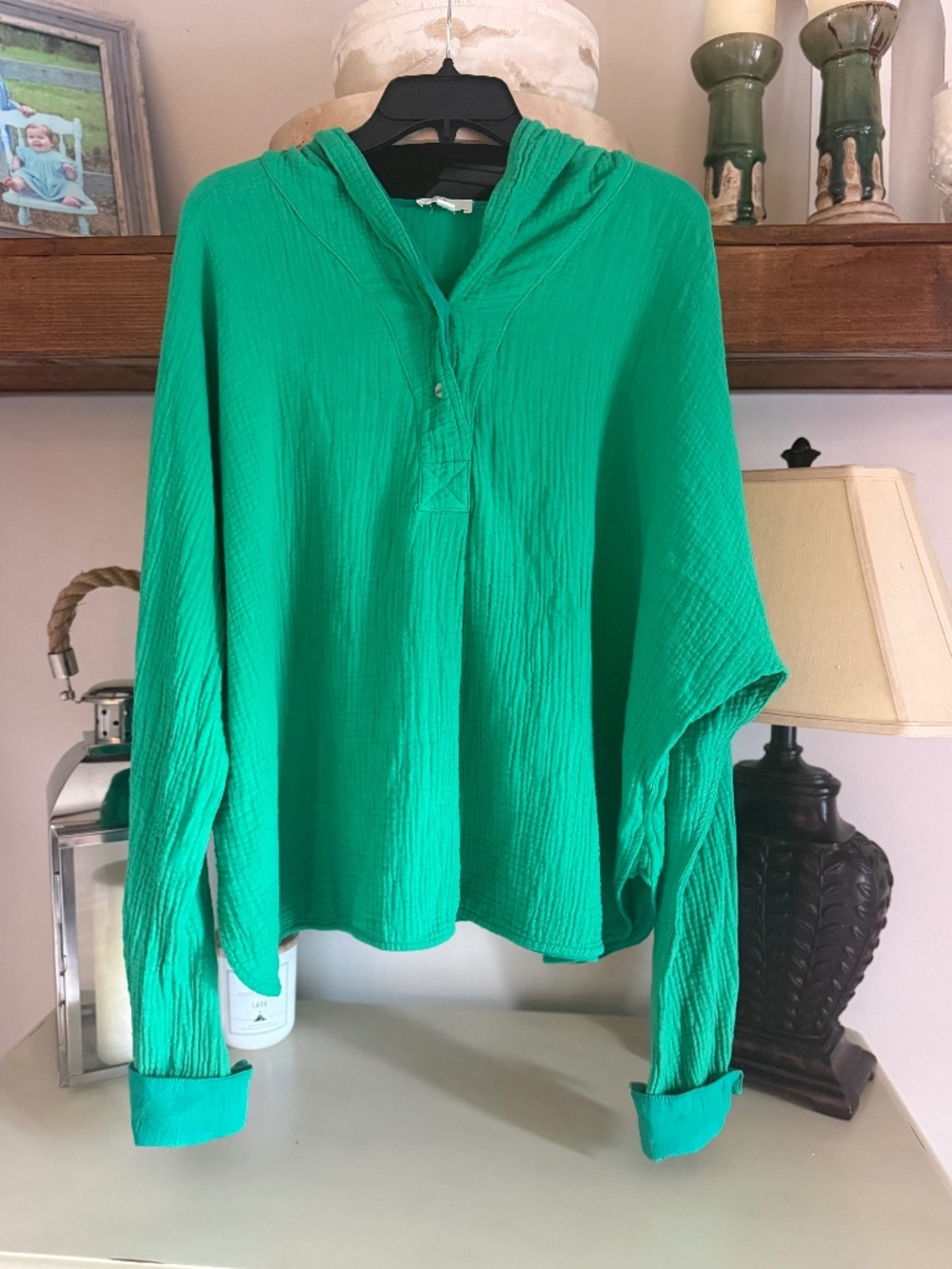 P Cill Gauze Pullover Hoodie Top - Oversized - Kelly Green - Large